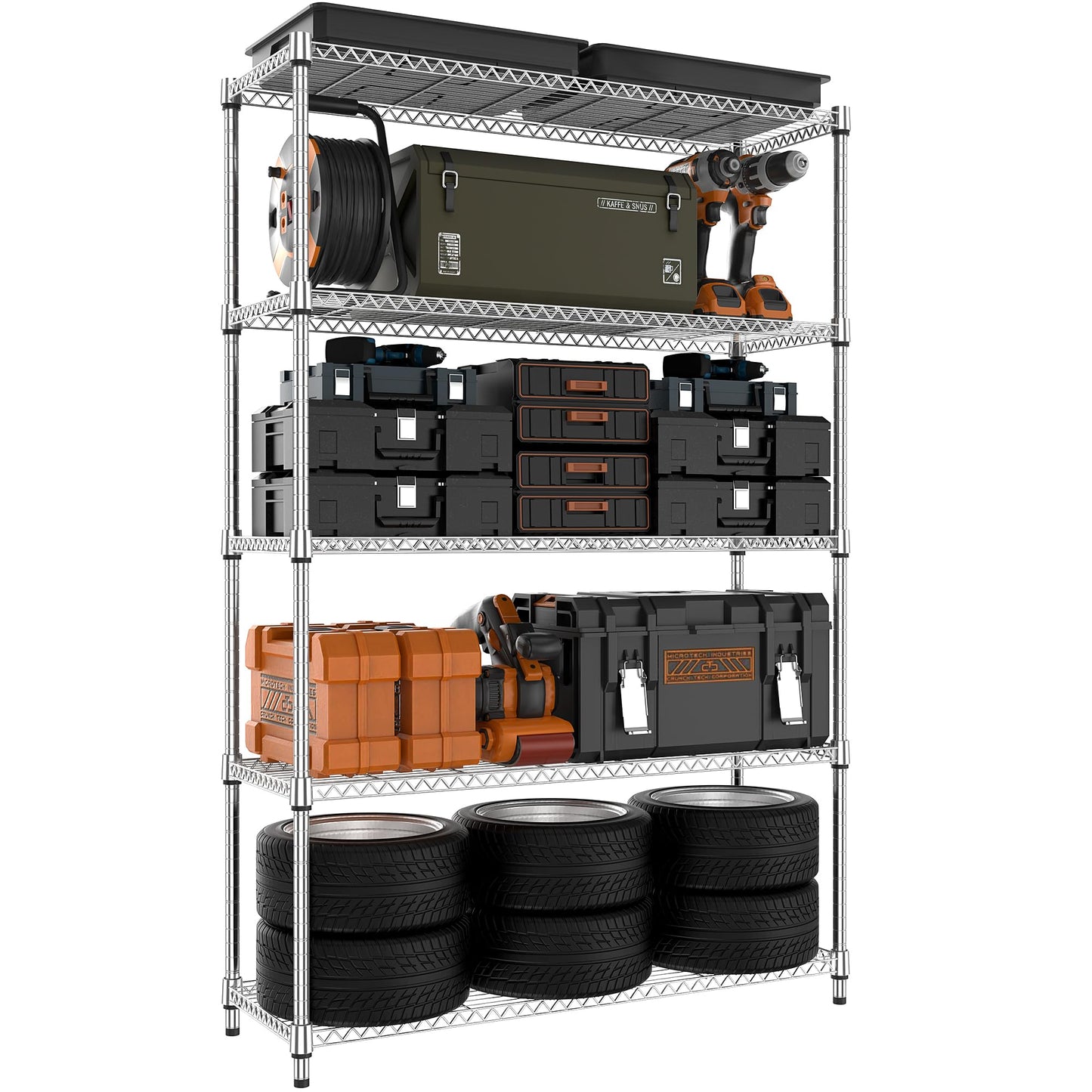MZG 1750 lbs 5 Tier Storage Rack Metal Wire Shelving Unit, Storage Standing Household Shelf Organizer for Kitchen Pantry Closet Garage Basement Utility Room, Chrome 15.7" D x 45.3" W x 70.4" H