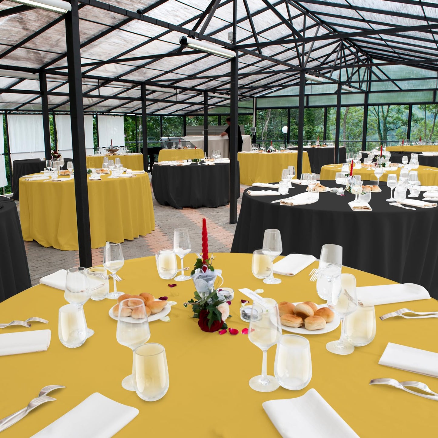 MASHAN 12 Pcs Black and Gold Plastic Tablecloths Bulk,84 Inch Disposable Round Party Table Cloth Waterproof Table Cover for Birthday Wedding Anniversary Graduation Party Decorations Supplies