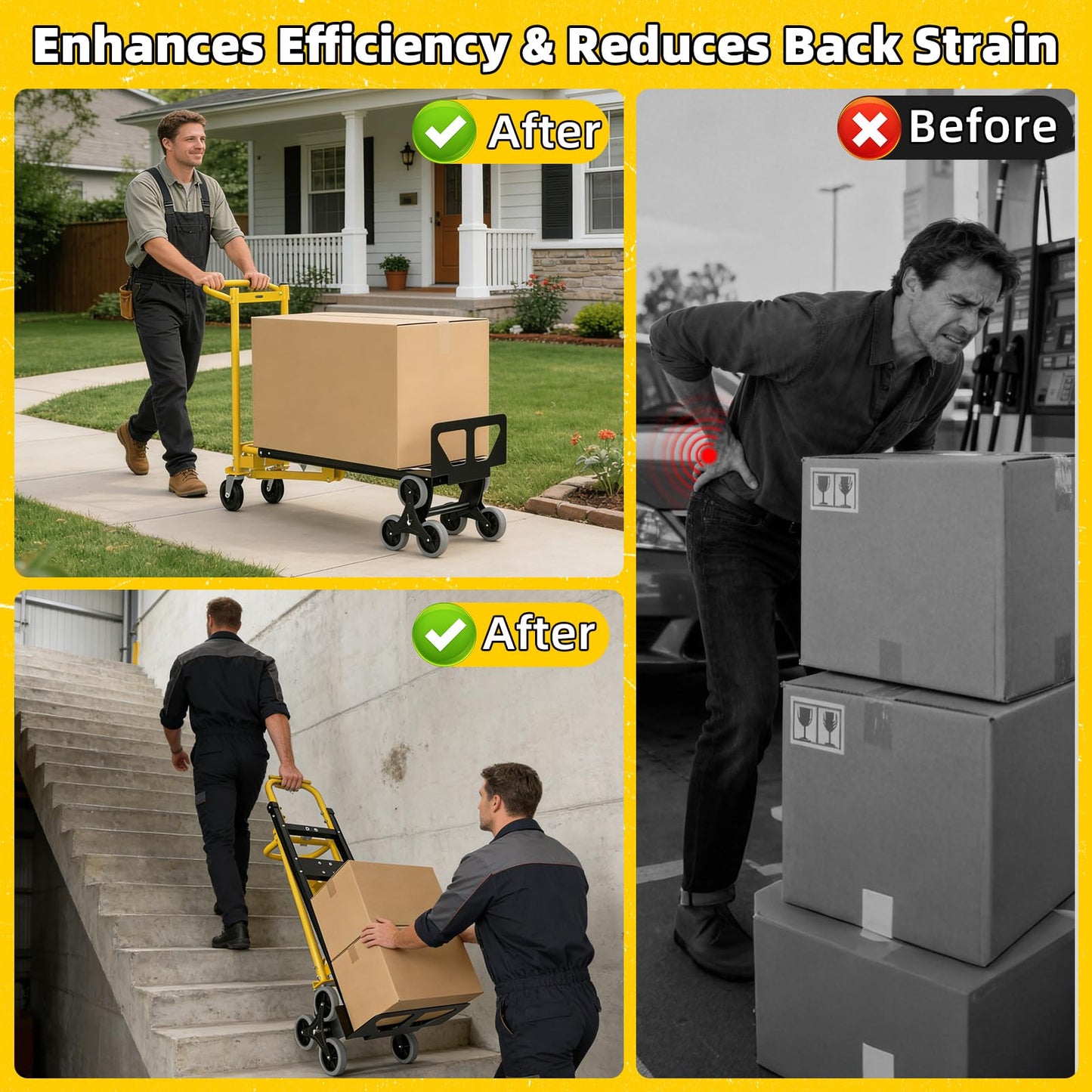 4 in 1 Convertible Hand Truck Dolly Cart with Wheels, 1000Lbs Capacity, Heavy Duty Stair Climbing Hand Trucks with Bungee Cord & Strap for Flat Ground & Stairs, Logistics, Home, Office, Yellow