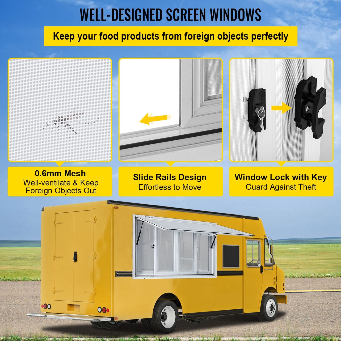 VEVOR Concession Window for Food Trucks Concession Trailers, 53 x 33 inch, Aluminum Alloy, with 4 Horizontal Sliding Screen Windows & Awning Door & Drag Hook
