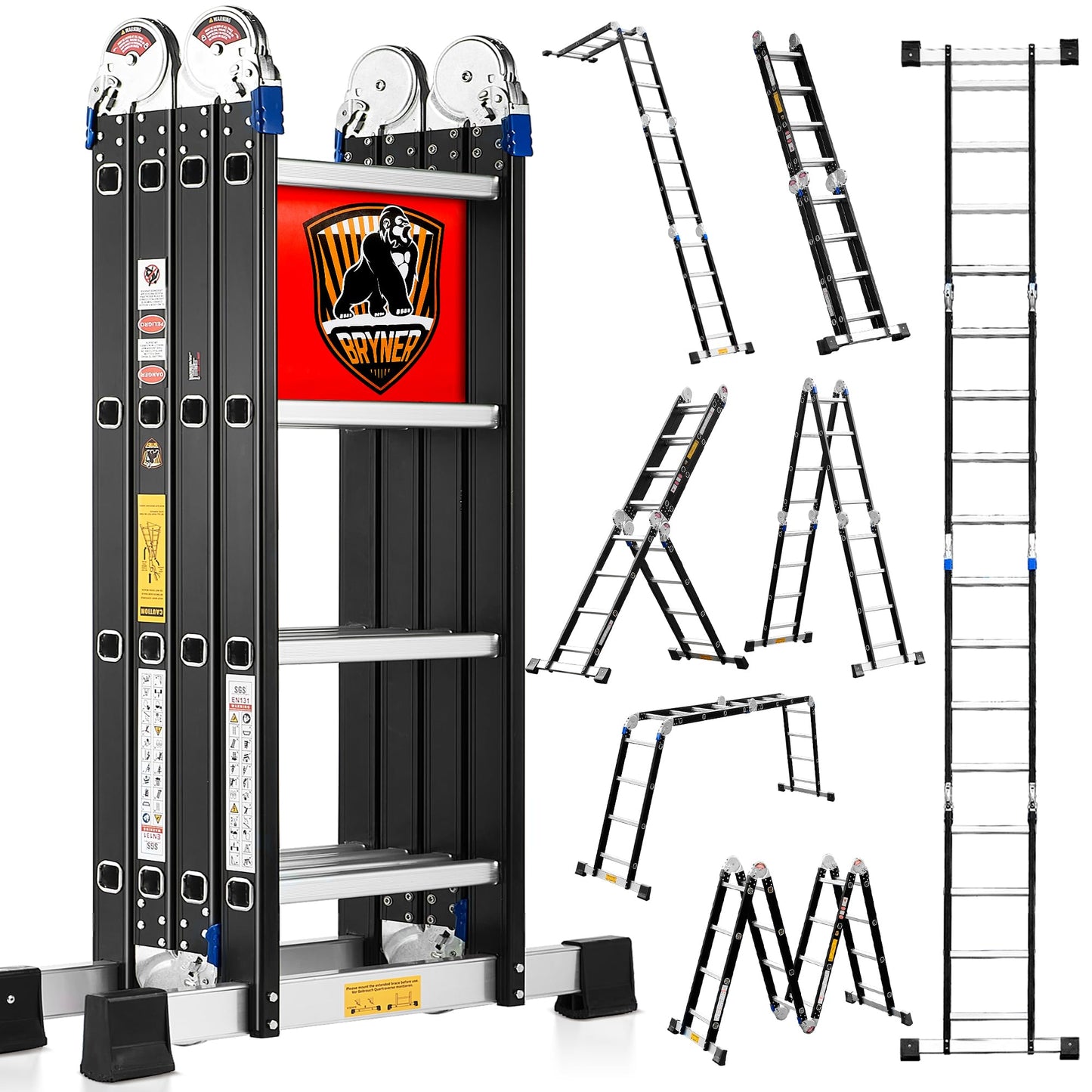 Bryner 7 in 1 Multi-Purpose Ladder Aluminium 14Ft Folding Adjustable Telescoping Step Extension Ladder Meet SGS EN 131 Standard Heavy Duty 330lbs