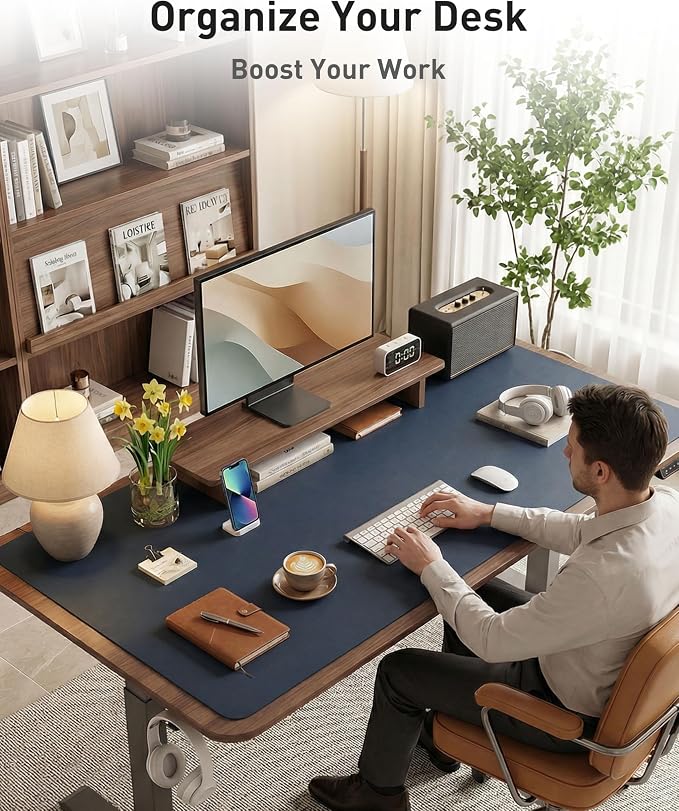 Aothia Faux Leather Desk Mat - Large Mouse Pad, Non-Slip PU Leather Blotter, Waterproof Writing Surface for Office and Home (Dark Blue, 63" x 17")