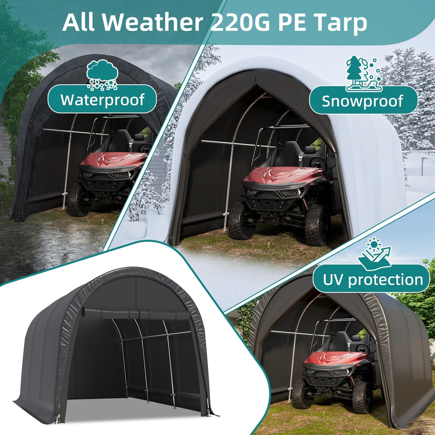 EROMMY Carport 10 x15 FT Heavy Duty, Portable Garage with All-Steel Metal Frame and Round Style Roof, Anti-Snow Car Canopy Outdoor Storage Shelter for Car, Truck, Boat