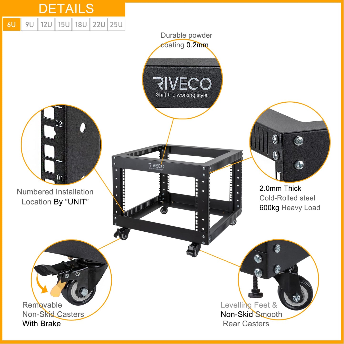 RIVECO 6U Open Frame Server Rack with Wheels- Heavy Duty 4 Post Quick Assembly 19-inch Support 600KG Equipment Home Network Cabinet Black