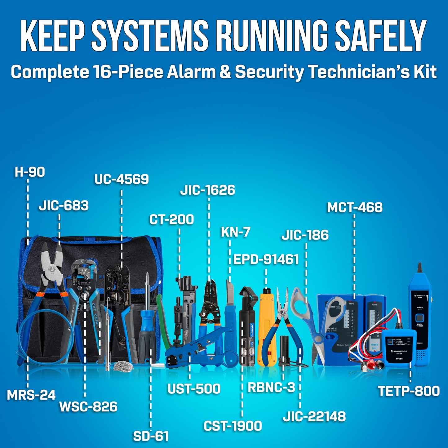 Jonard Tools TK-611 16 Piece Security & Alarm Tool Kit+ with Tone and Probe, Strippers, Voltage Detector, and More