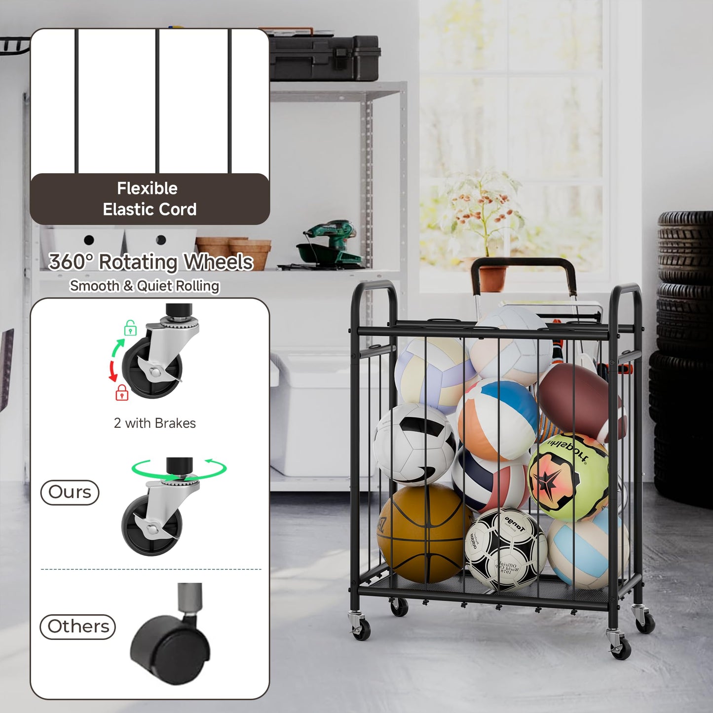 StorageWorks Ball Storage with Wheels, Garage Sports Equipment Organizer with Hooks, Balls Organizer for Basketball, Football, Volleyball