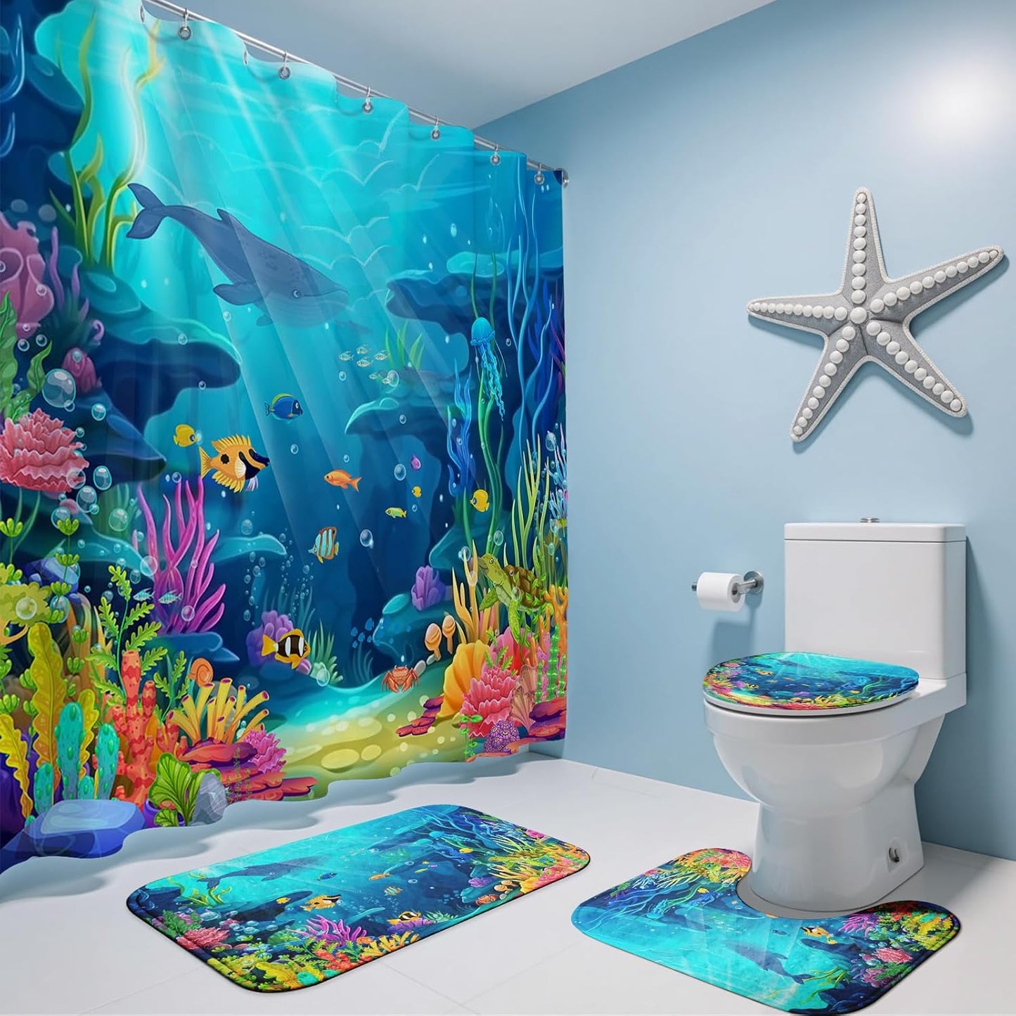 Skiennix 4-Piece Ocean Shower Curtain Set - Tropical Underwater Kids Decor with Non-Slip Bath Rugs & Toilet Lid Cover