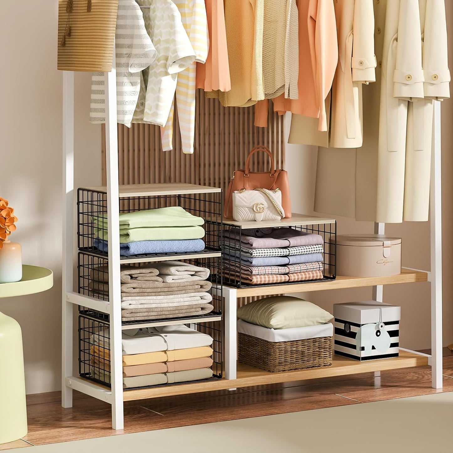 Sturdy Metal Closet Organizers by [Brand Name] - Extra-Long Stackable Storage Bins | Space-Saving Black Design, 3 Pack