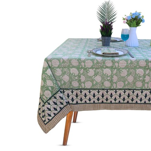 Handblock Print Cotton Tablecloth – 72x135 Rectangle Table Cover Seats 8-10 – Indian Block Printed Floral Dining Table Linen – Boho Washable Cloth for Kitchen, Party, Outdoor (Green)