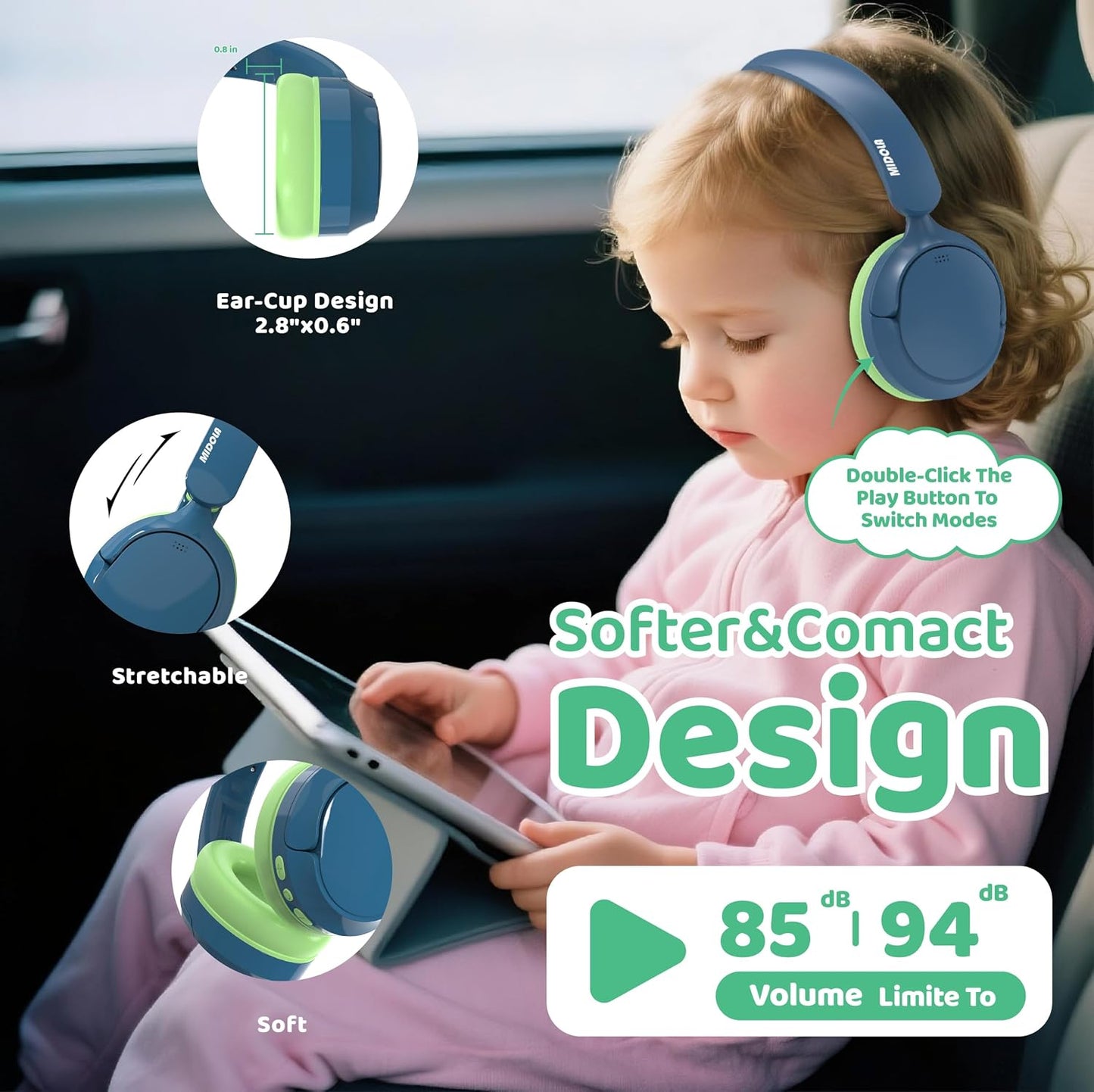 Cancelling,68H 85/94dB MIDOLA Kids Bluetooth Headphones Active Noise Play Time,Lightweight Wireless Foldable Over-Ear