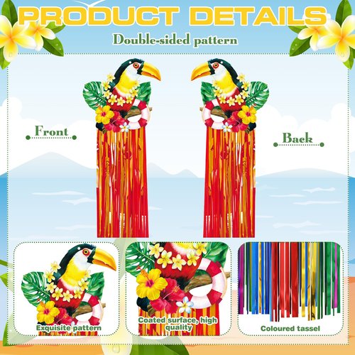 Affrolling 8 Pcs Tropical Birds Party Decoration Hawaiian Luau Tiki Jungle Theme Hanging Outdoor Decor with Tassels for Birthday Party Supplies 3.3 ft Summer Bird Toucan Leaf Garland Door Banner Sign
