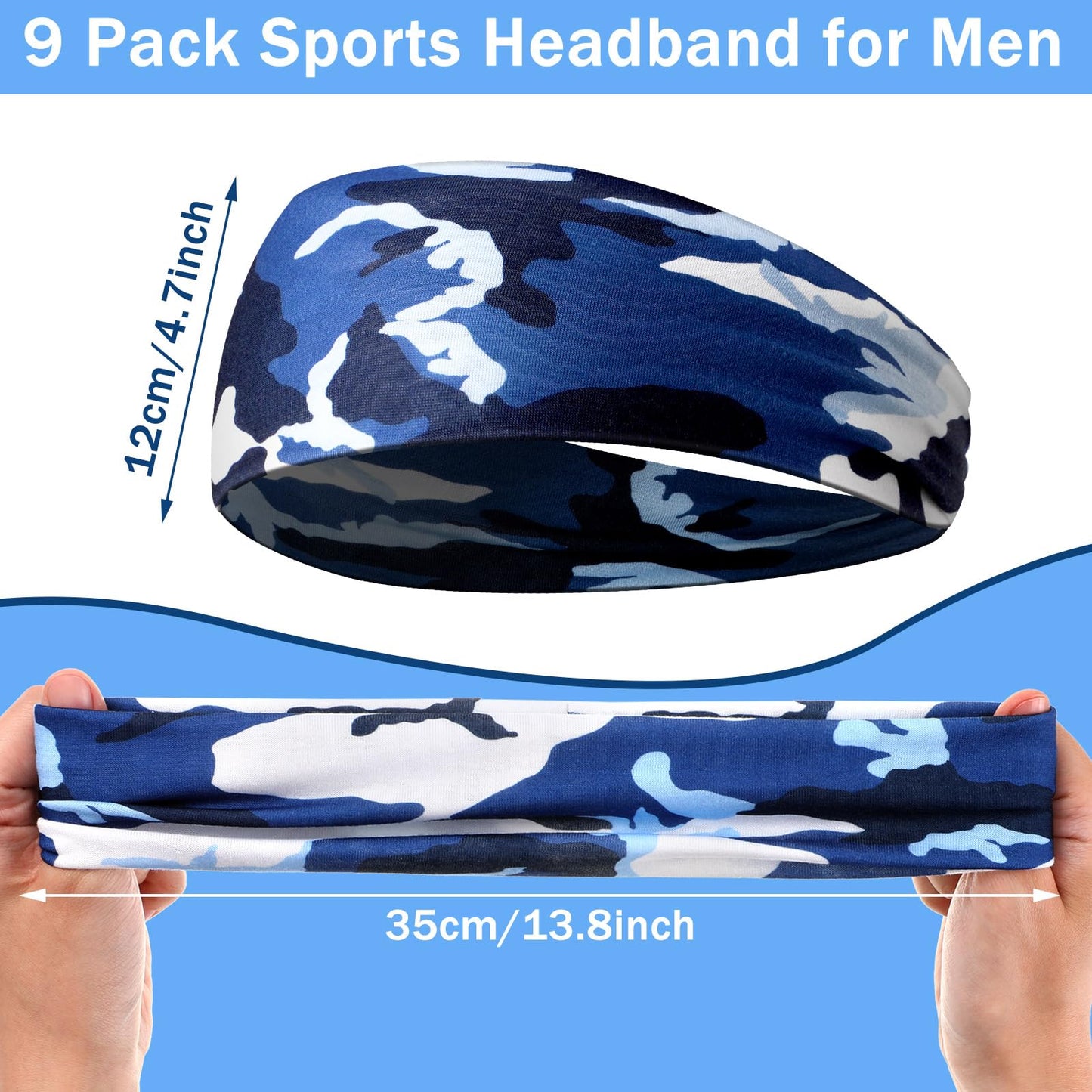 Men's Sweatbands for Workout and Sports: Camo Headband, Sweat-Absorbing Wide Headband for Basketball, Football, Cycling, Running, Yoga - 4.7 x 9.8 Inch (Delicate Style)