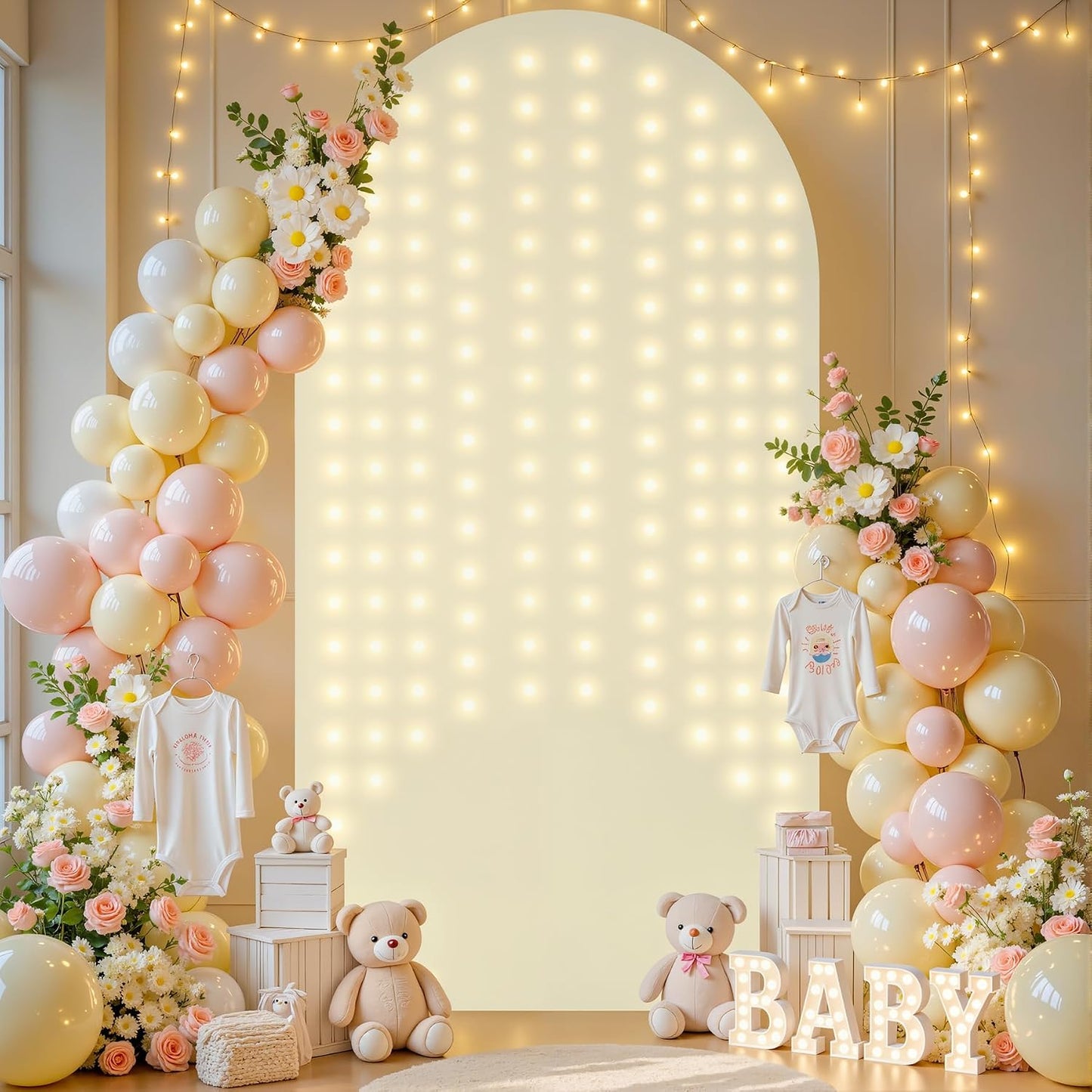 Suppromo 6ft Beige Arch Cover with Lights Beige Spandex Wedding Arch Backdrop Cover for Bridal Shower Birthday Party