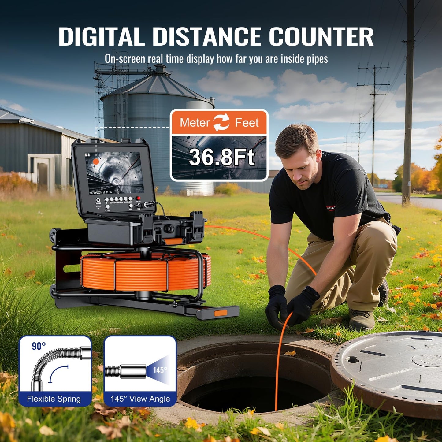 Hialemi Portable 9'' Sewer Camera Pipe Inspector - 100Ft/30M Self Leveling Drain Camera & Meter Counter & 5X Zoom - 145° Plumbing Pipe Inspection Cam with Lights - 1080P IPS Screen & DVR 32GB