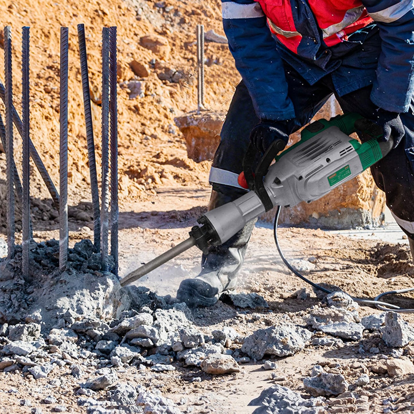 Deshuo 30 lb. Demolition Jack Hammer with 1-3/16" Hex Shank, 1700W 14-Amp Heavy Duty Corded Electric Concrete Demo Chipping Breaker with Carrying Case, Flat & Bull Point Chisel