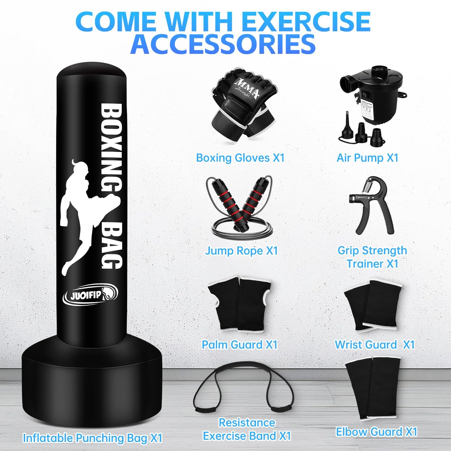 Standing Punching Bag for Adults, Boxing Bag with Stand for Stress Relief & Home Gym, Kicking Bag for MMA Training, Includes Boxing Gloves, Electric Air Pump, Grip Trainer, Jump Rope & Band