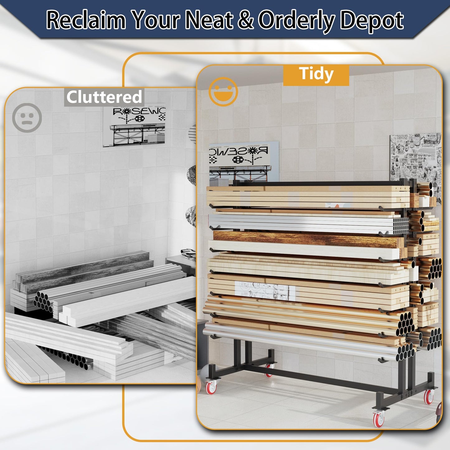 UODENGA Lumber Storage Rack, Heavy-Duty 2000LBS Rolling Lumber Rack on Wheels, 7-Tier Wood Storage Rack with X-Braced Steel Frame, Pipe Rack Organizer Shelving Unit for Garage Workshop