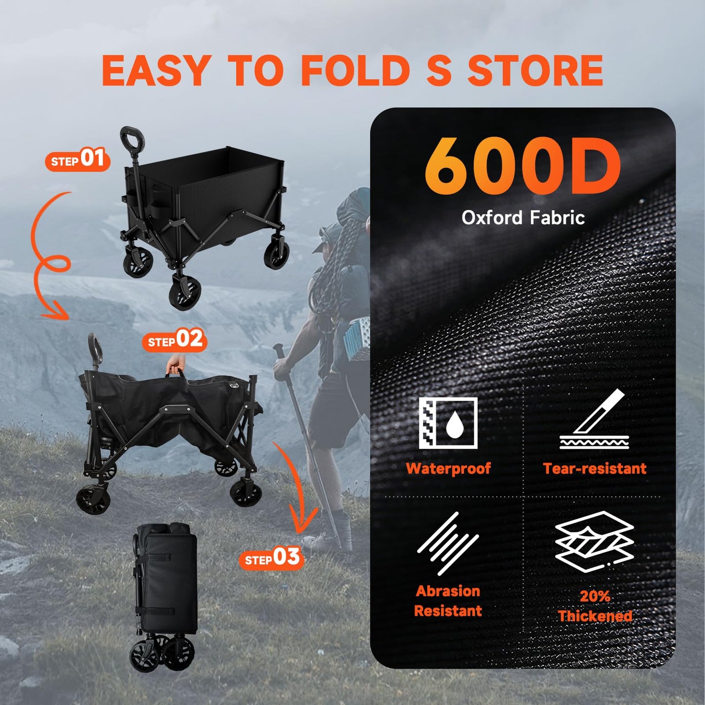 Quindom Collapsible Folding Wagon, Wagon Cart Heavy Duty Foldable with Two Drink Holders, Utility Grocery Wagon for Camping Shopping Sports