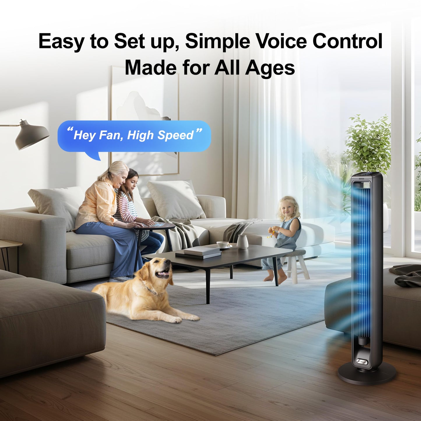 Emerson SmartVoice 42” Tower Fan, Wi-Fi-free Voice Control, No APP, No WIFI, No Setup, 70° Oscillating, 3 Wind Speeds, 15-Hr Timer, Oil Diffuser, Built-in Lighting, Remote Control