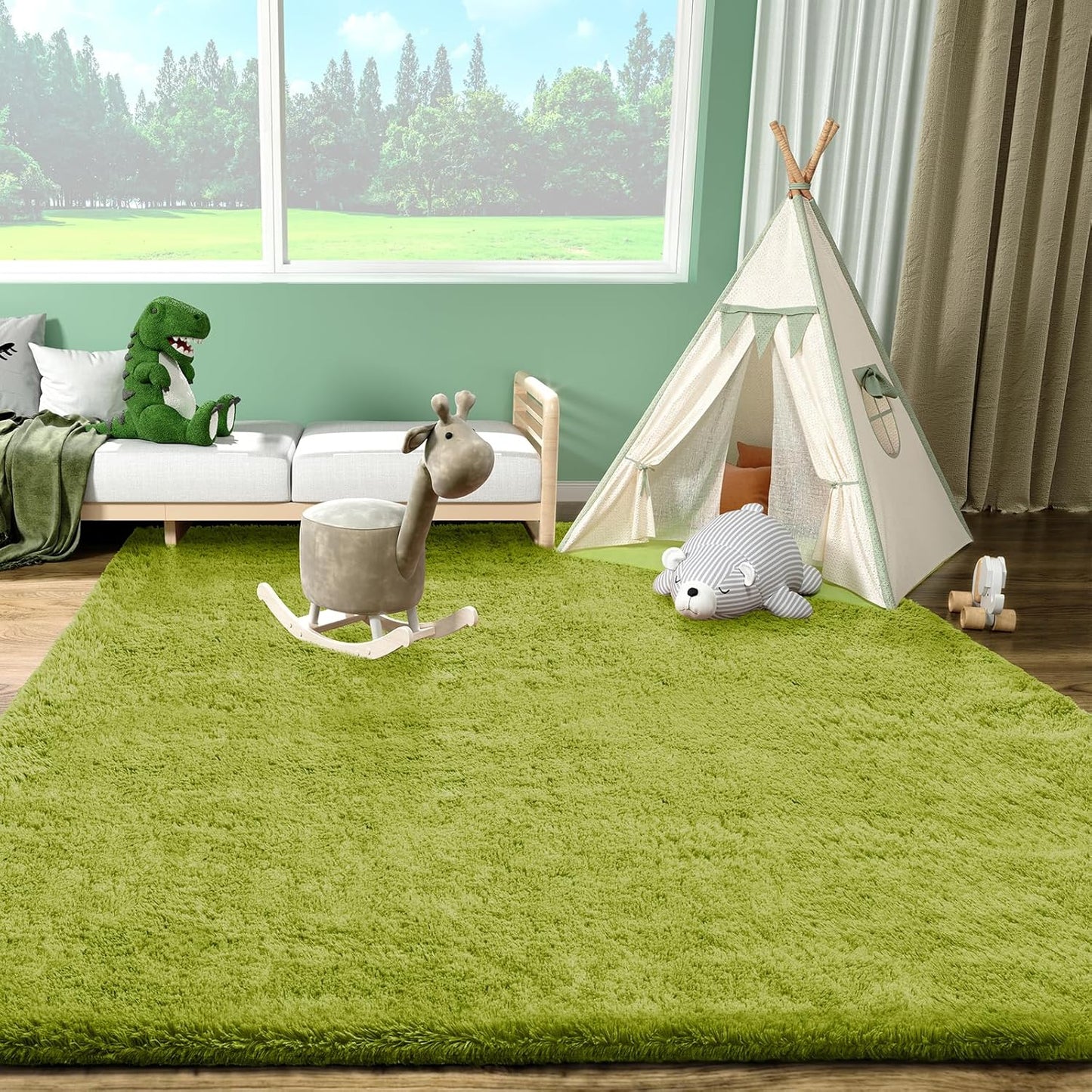 Ophanie Green Area Rug - Soft Fluffy Shag Carpet for Living Room & Bedroom | 5x8 Size