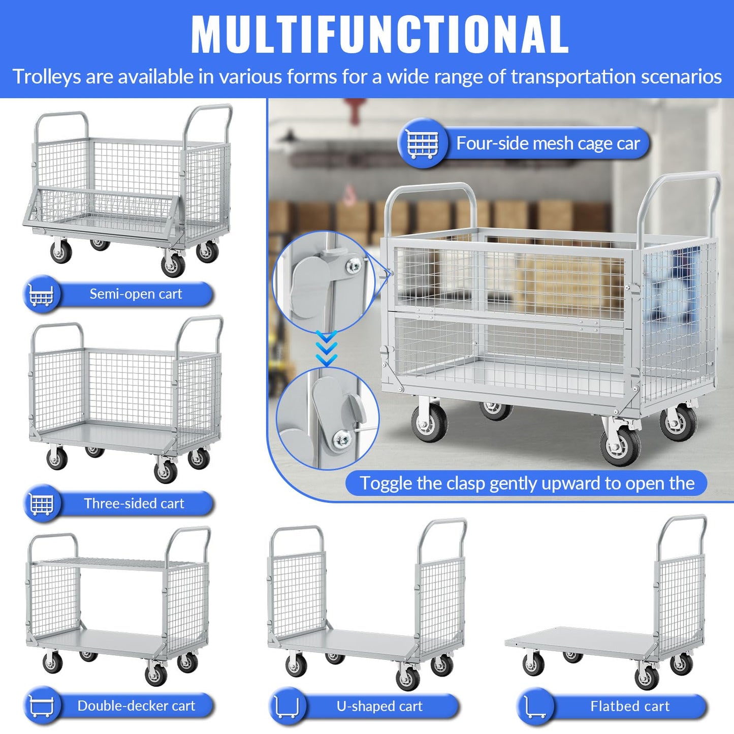 Platform Truck Cart with Cage, Multipurpose 5 in1Foldable Hand Truck, Heavy Duty Flatbed Cart, Load 2500LB with 4 Swivel Casters, Multi-Functional Push Cart for Grocery, Laundry, Shelving, Pantry