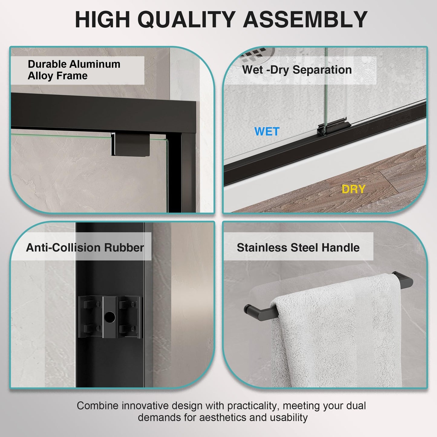 KPUY Glass Shower Door, 55-60" W x 76" H Semi-Frameless Double Sliding Shower Door, 1/4" (6mm) Thick Tempered Clear Glass with Explosion-Proof Film Nano Coating, Matte Black