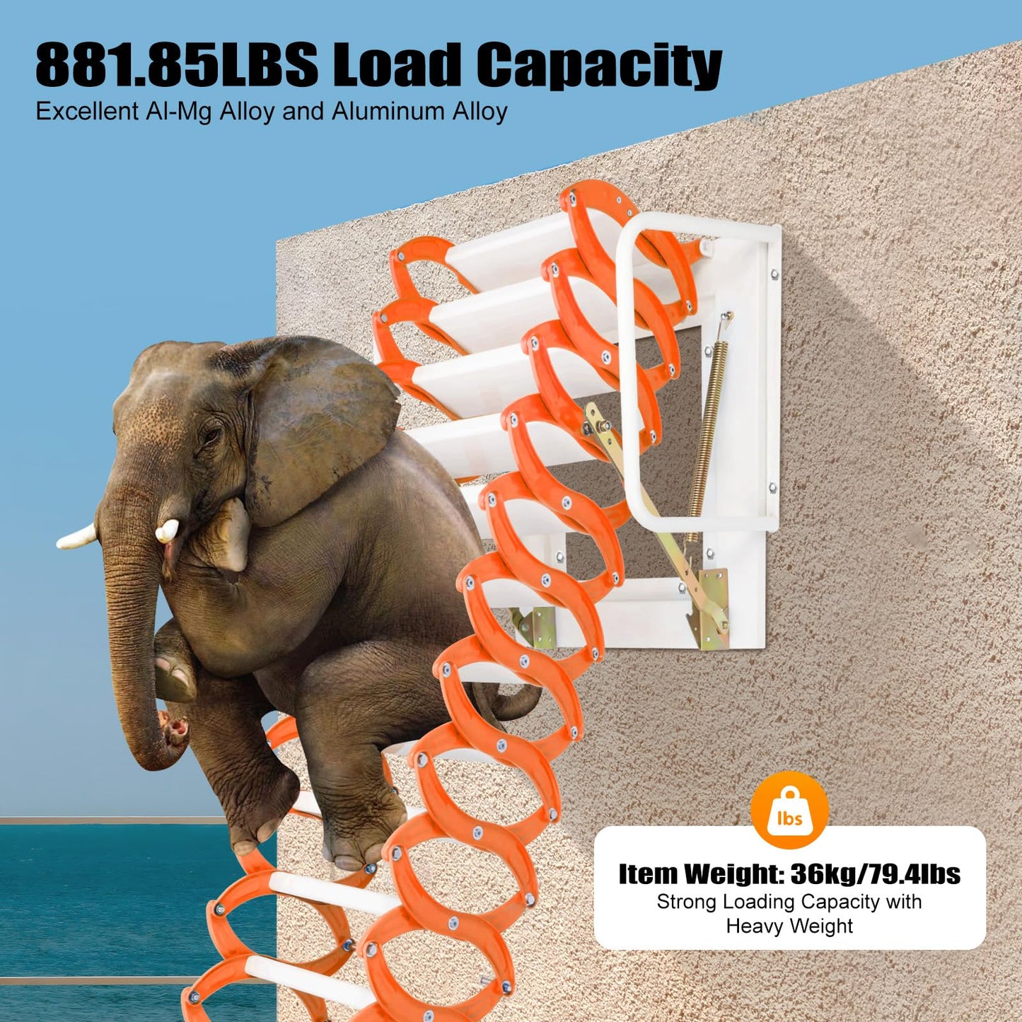 12 Steps Wall Mounted Attic Loft Ladder, Alloy Retractable Telescoping Ladder with Handrails, Folding Ladder Loft Stairs 880lbs Capacity, Attic Pull Down System for Height 9.5-10.17ft, Orange
