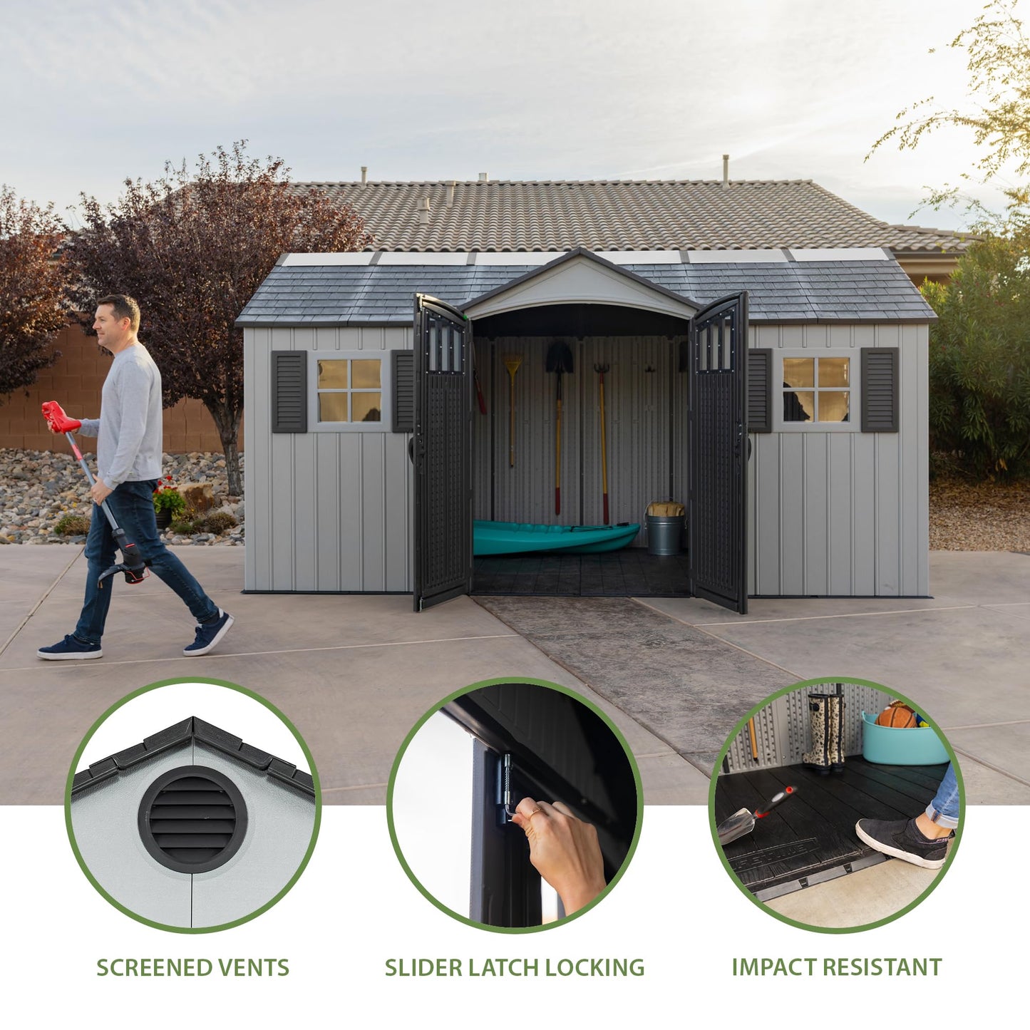 Lifetime Outdoor Storage Shed, 15x8 Ft, Gray, Resin Backyard Tool Shed with Lockable Doors and Weather-Resistant Panels