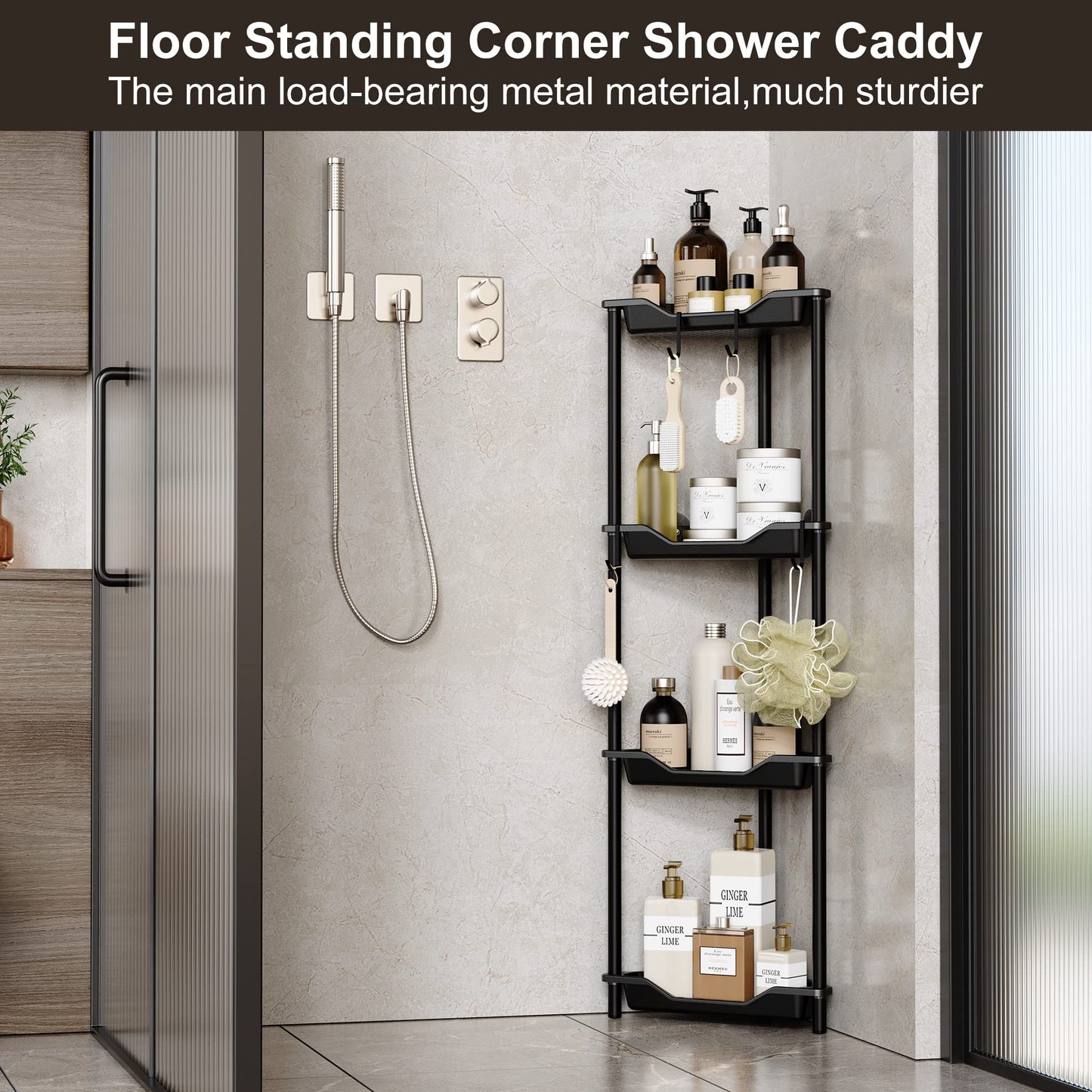 Orimade Rustproof 4 Tier Floor Standing Corner Shower Caddy Bundle with Round Adhesive Replacement Stickers