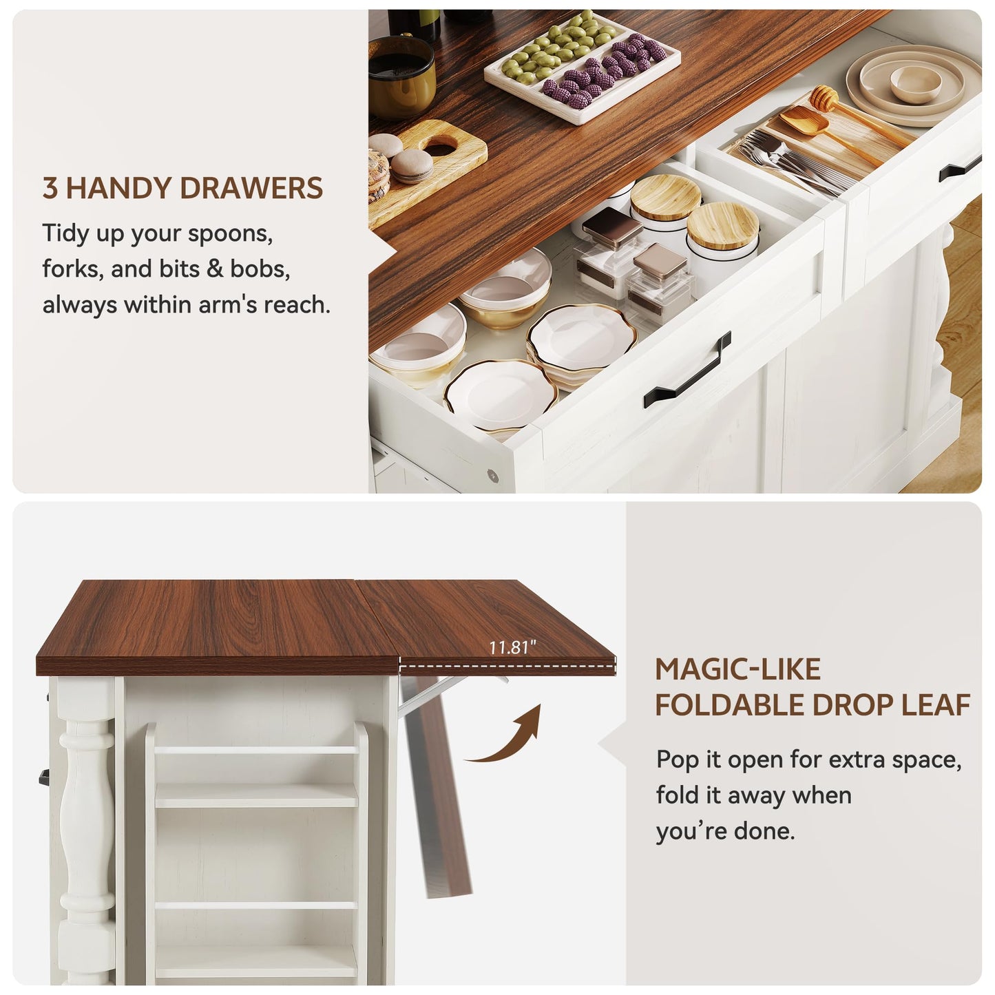 Homiflex Kitchen Island with Power Outlet & Trash Cabinet, 47.6" Roman Style Rolling Kitchen Island with Drop Leaf Tabletop 11.8", Kitchen Cart with Spice Rack & Drawers & Cabinets Coffee Bar Station