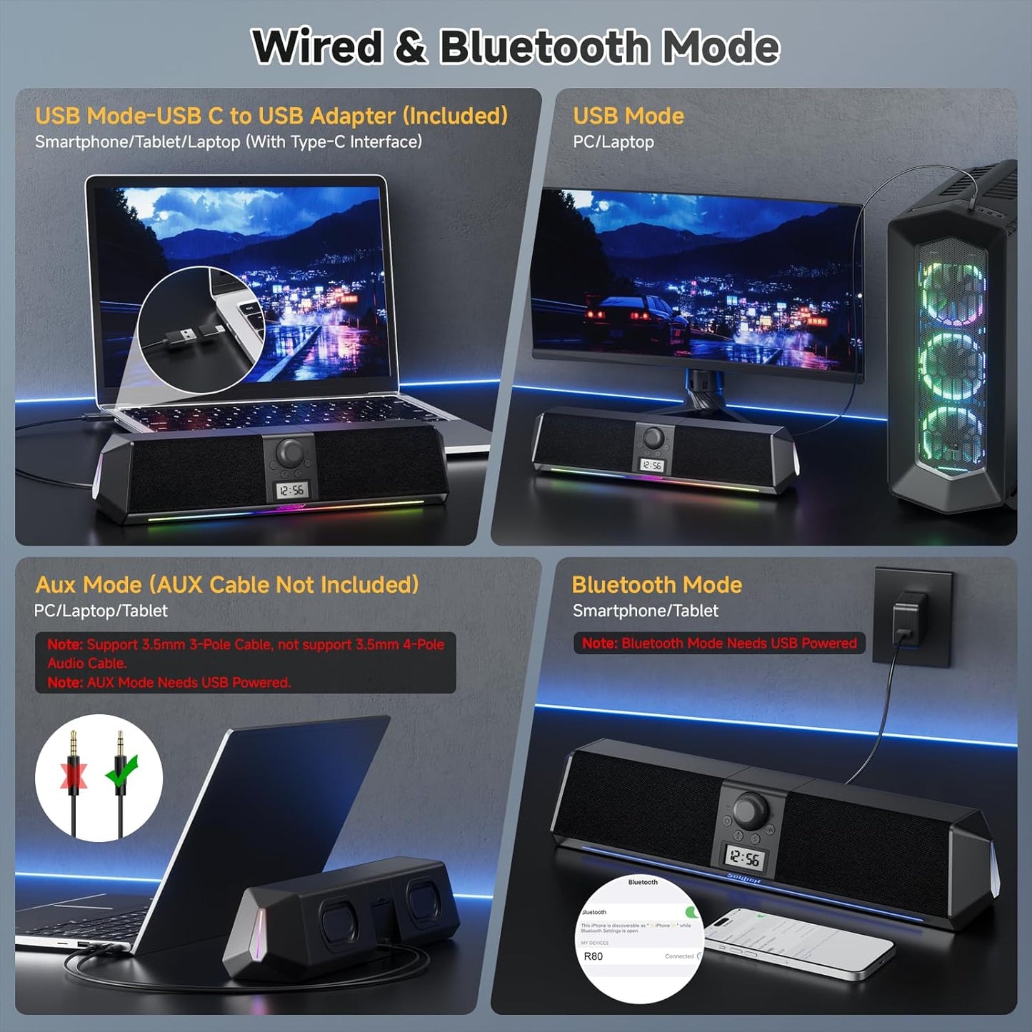 SOULION R80 Bluetooth Computer Speakers, USB Plug & Play PC Speakers with Digital Clock Display, Clear Sound Soundbar