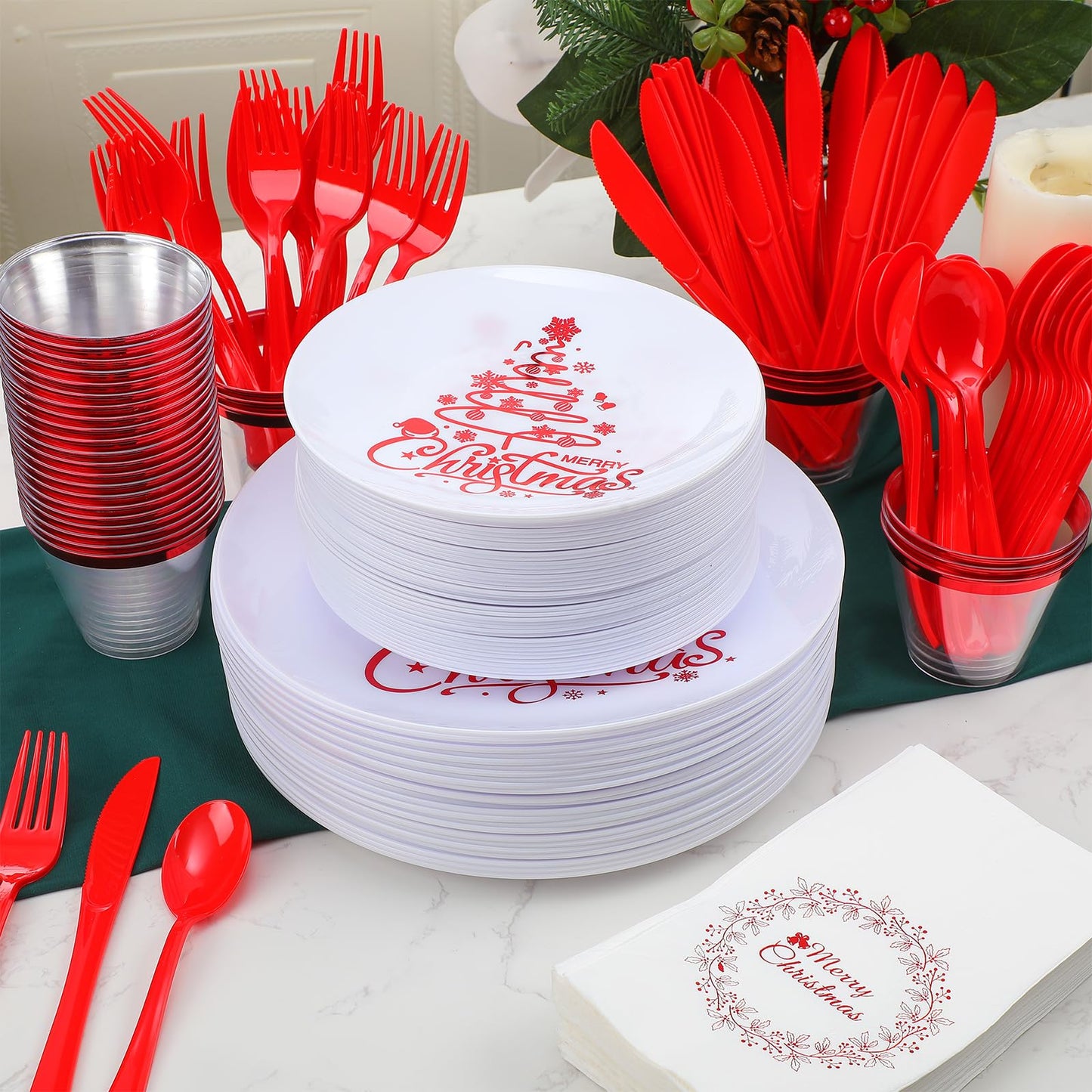 Shellwei Christmas Plastic Dinnerware Set, Xmas Disposable Plates Includes 40 Dinner Plates 40 Cup 40 Dessert Plate 40 Paper Napkins 40 Forks Knives Spoons Supplies for Christmas(Red White,Xmas Tree)