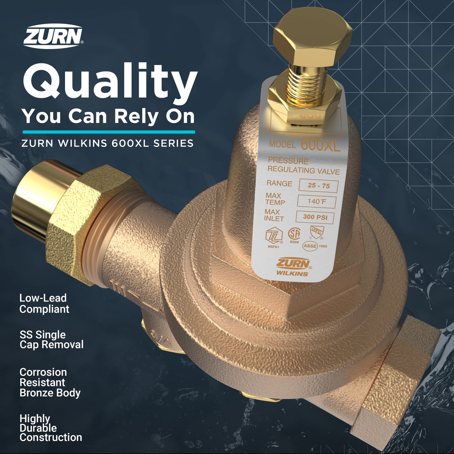 Zurn Wilkins 114-600XLHR 1-1/4" 600XL Pressure Reducing Valve with spring range from 10 PSI to 125 PSI, factory set at 50 PSI