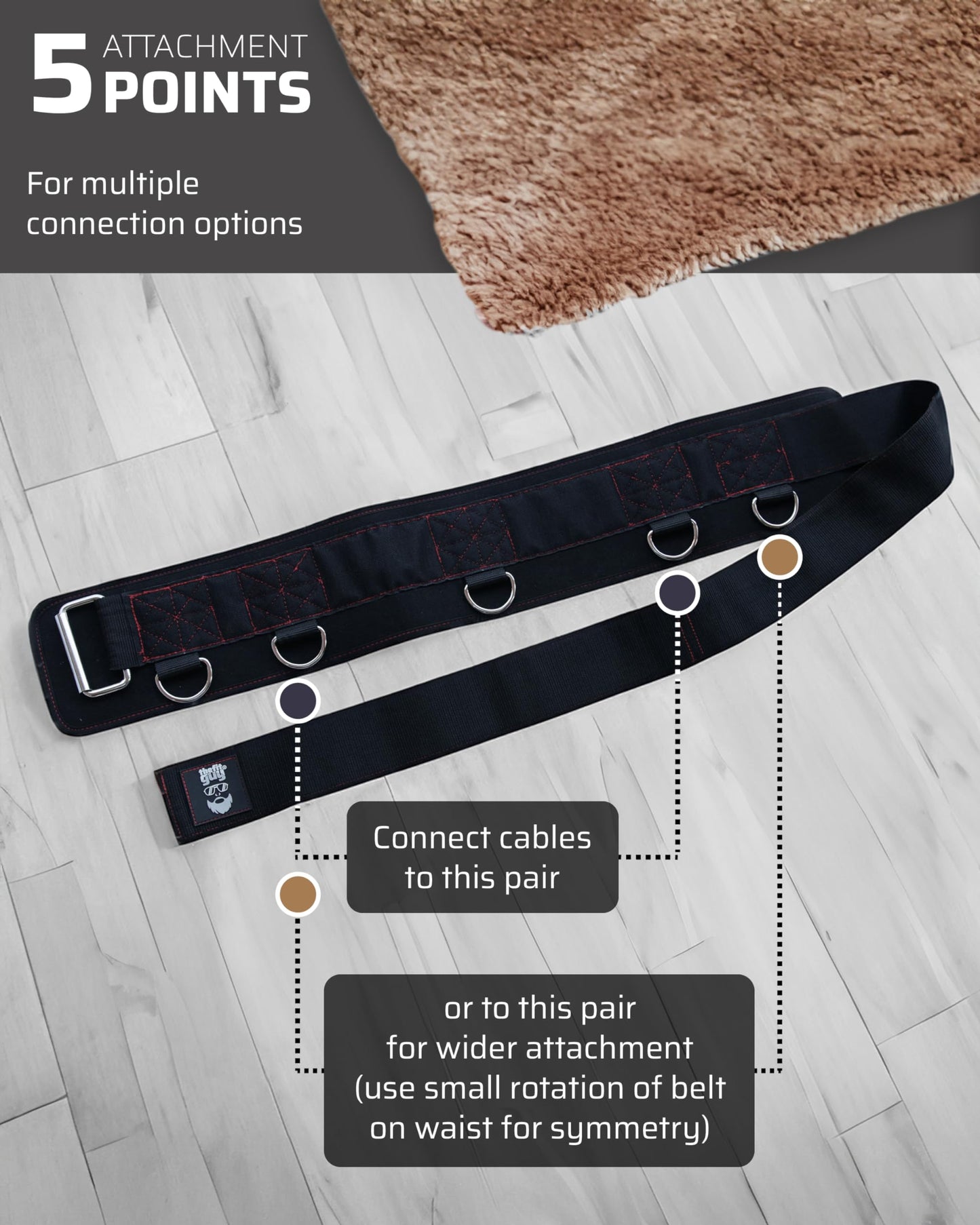 THEFITGUY Multi-Attachment Belt for Cable Machine and Smart Home Gym Squats and Hip Thrusts, 5 Attachment Points for Optimal Weight Distribution, 2 Straps (40” & 27”) and 3 Metal Snap Hooks Included