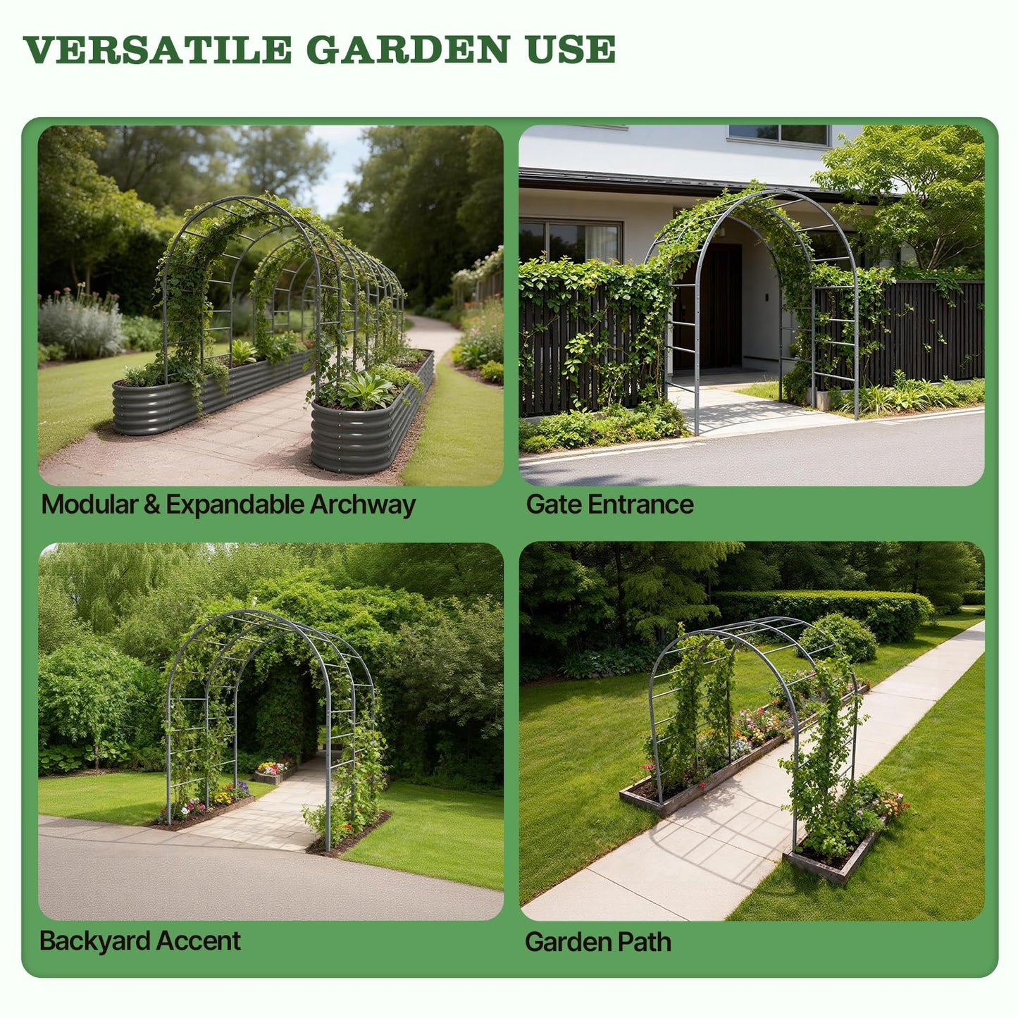 A ANLEOLIFE Garden Arch Trellis for Raised Garden Beds, Heavy-Duty Metal Archway, Bed-Mount or In-Ground Install, Deep-Insert Stability for Cucumbers, Beans, Gourds & Squash, Quartz Gray
