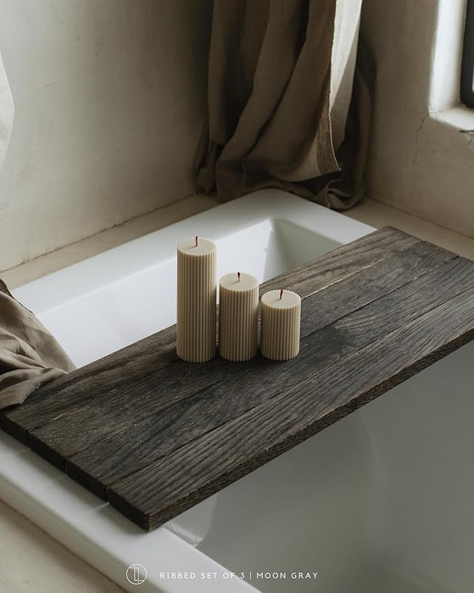 LAWA Roman Handmade Tall Ribbed Pillar Candle - Beautiful Scented Soy Wax Dinner Candle | Classic Aesthetic Decoration Set | Housewarming Gift | Home Room Shelf Decor Idea - Moon Gray (Set of 3)