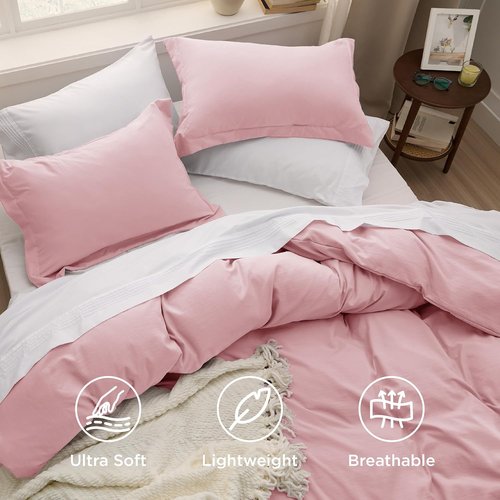 Bedsure Pink Duvet Cover Set - Extra Soft Prewashed Cotton-Like Polyester | Twin/Twin XL Size, 2 Pieces