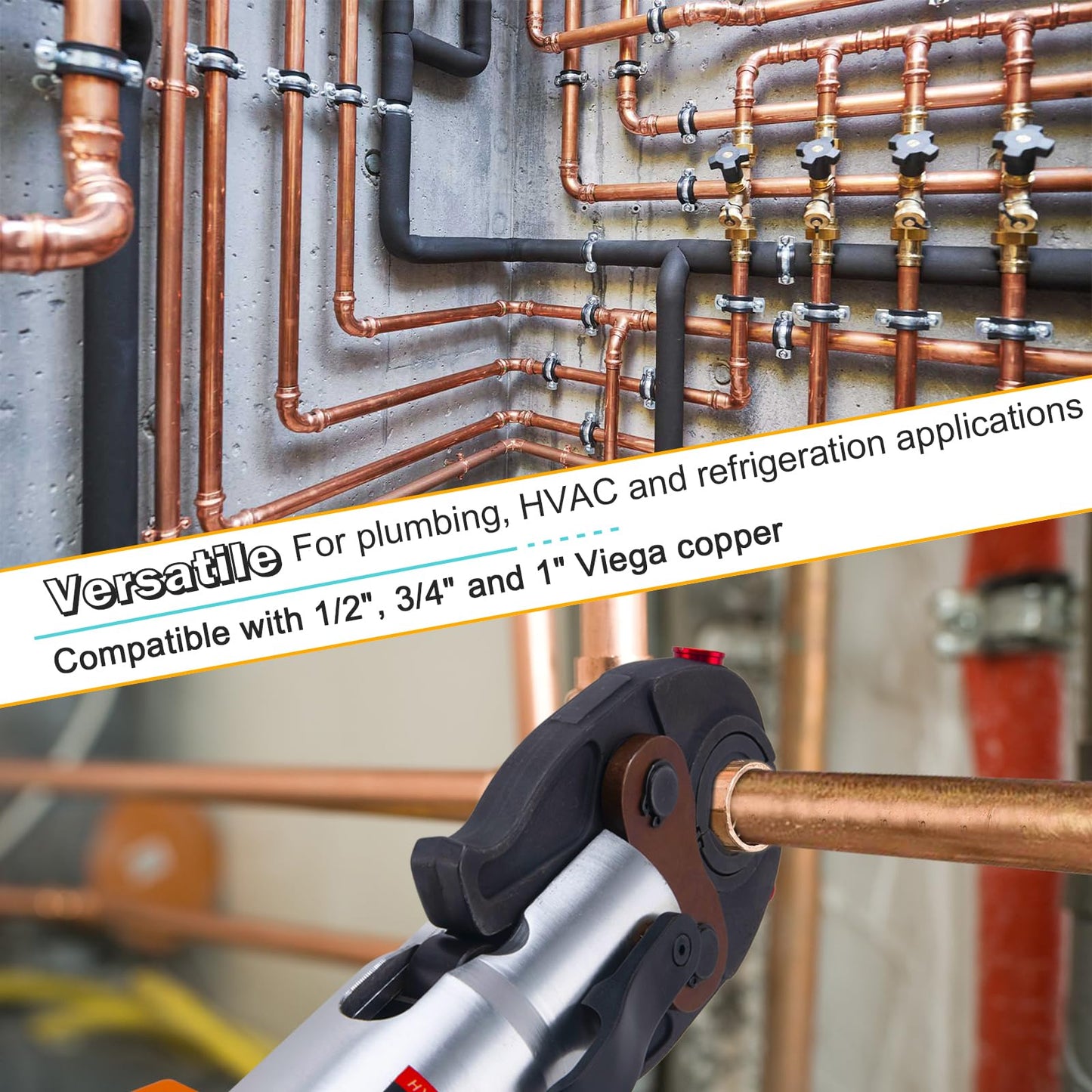 Copper Pipe Crimping Tool, W/ 1/2", 3/4", 1" Jaws, Copper Tube Fittings Hydraulic Pipe Crimping Tool, for Confined Spaces and Tee Fittings, Hydraulically Driven