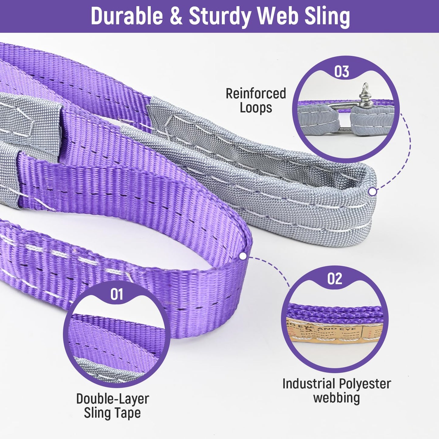 2-PCS 5:1 Safety Factor 1" X3.3' Lifting Slings 2204 lbs Webbing Sling 2 ply Polyester Lifting Strap with Twisted Eye & Eye for Industrial Shop Use, Hoist, Tree Stumps, Heavy Duty Cargo, Purple