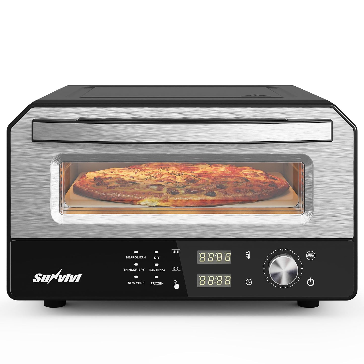 Sunvivi Electric Indoor Pizza Oven: Countertop Pizza Maker with 6 Presets, Heats up to 750℉, 12" Portable Pizza Cooker Warmer with Control Knob, Pizza Stone, Pizza Peel, Pie Maker for Home, Camping