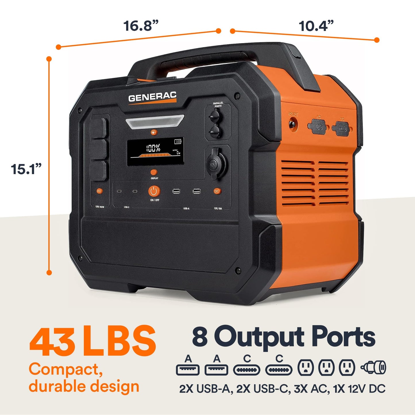 Generac 2106Wh Portable Power Station with Lithium-Ion Battery - Clean, Emission-Free Power - Wirless Charging Pad and Compact Design - Camping, RV, Indoor/Outdoor Use - Orange/Black