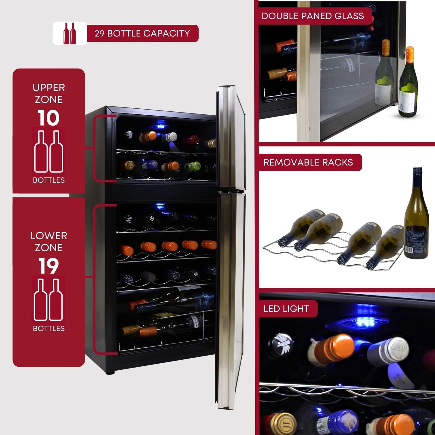 Koolatron 29 Bottle Wine Fridge – Wine Cooler with Glass Door, 3 Cu ft (86 L) Beverage Can Refrigerator, Digital Temperature Control/Dual temperature zone, Ideal for White, Red & Sparkling Wine
