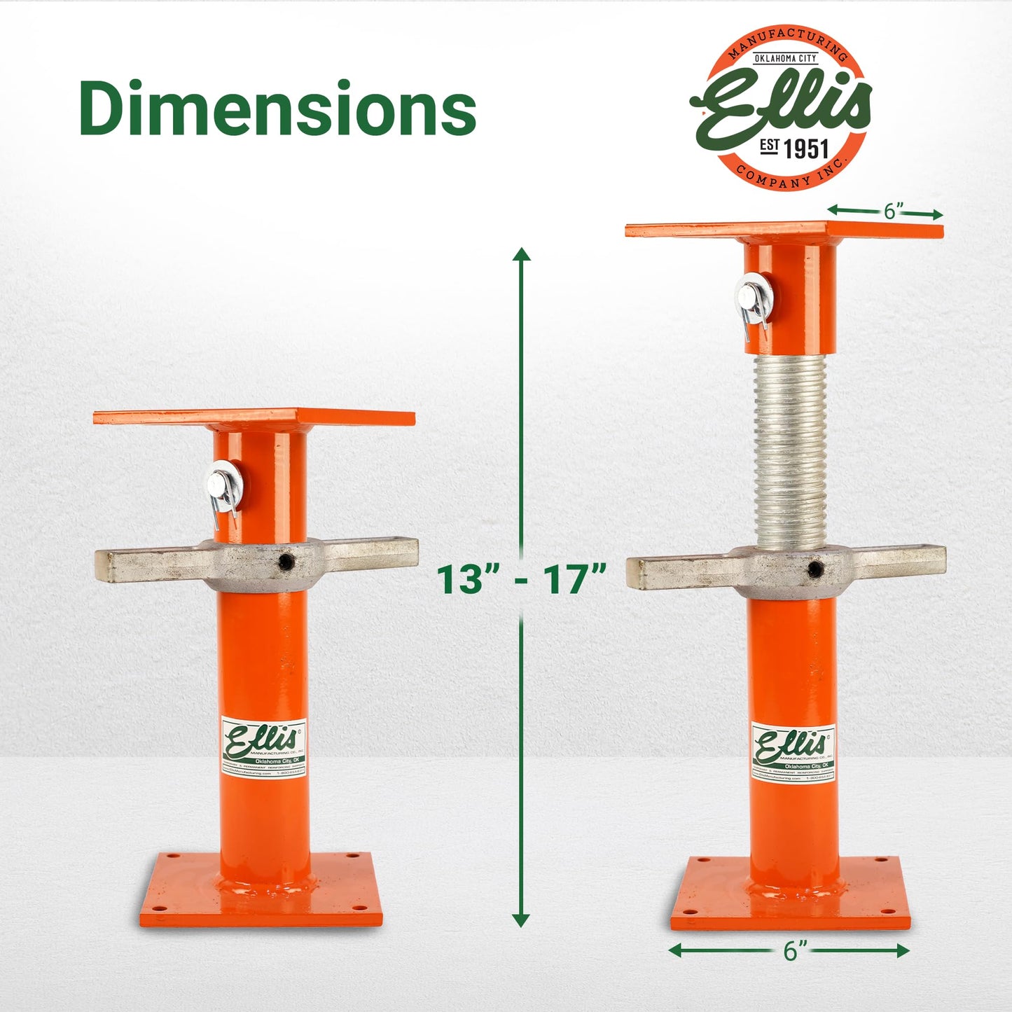 Ellis Manufacturing Light-Duty Steel Construction Jack - Adjustable Screw Jack Post for Floor Leveling, Beams, and Concrete - 20,000 lb Load Capacity - 13"-17" Adjustment, House Jacks for Leveling