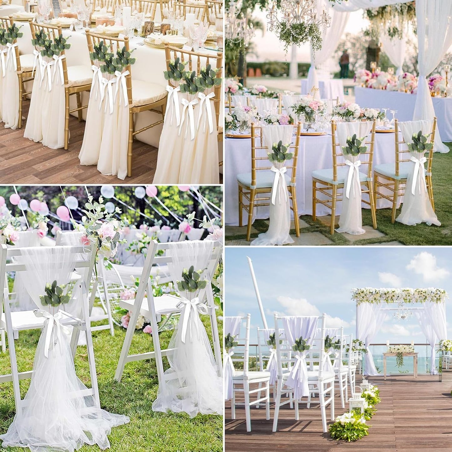 Regine Switzerland Wedding Aisle Decorations - 24 Sets of Elegant White Ribbon Bows with Eucalyptus Stems for Ceremony and Chair Sashes