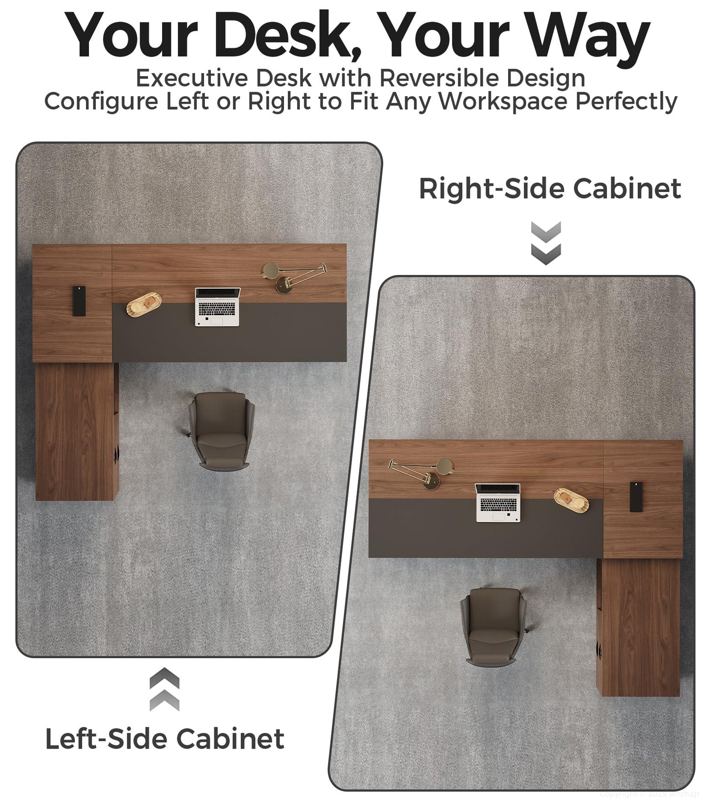 87" Reversible L-Shaped Executive Desk with Drawers – Luxury Office Computer Desk with Open Shelves, LED Lighting, Built-in Outlet & USB Ports for Home Office, Corporate, School (87"W x 71"D x 30"H)