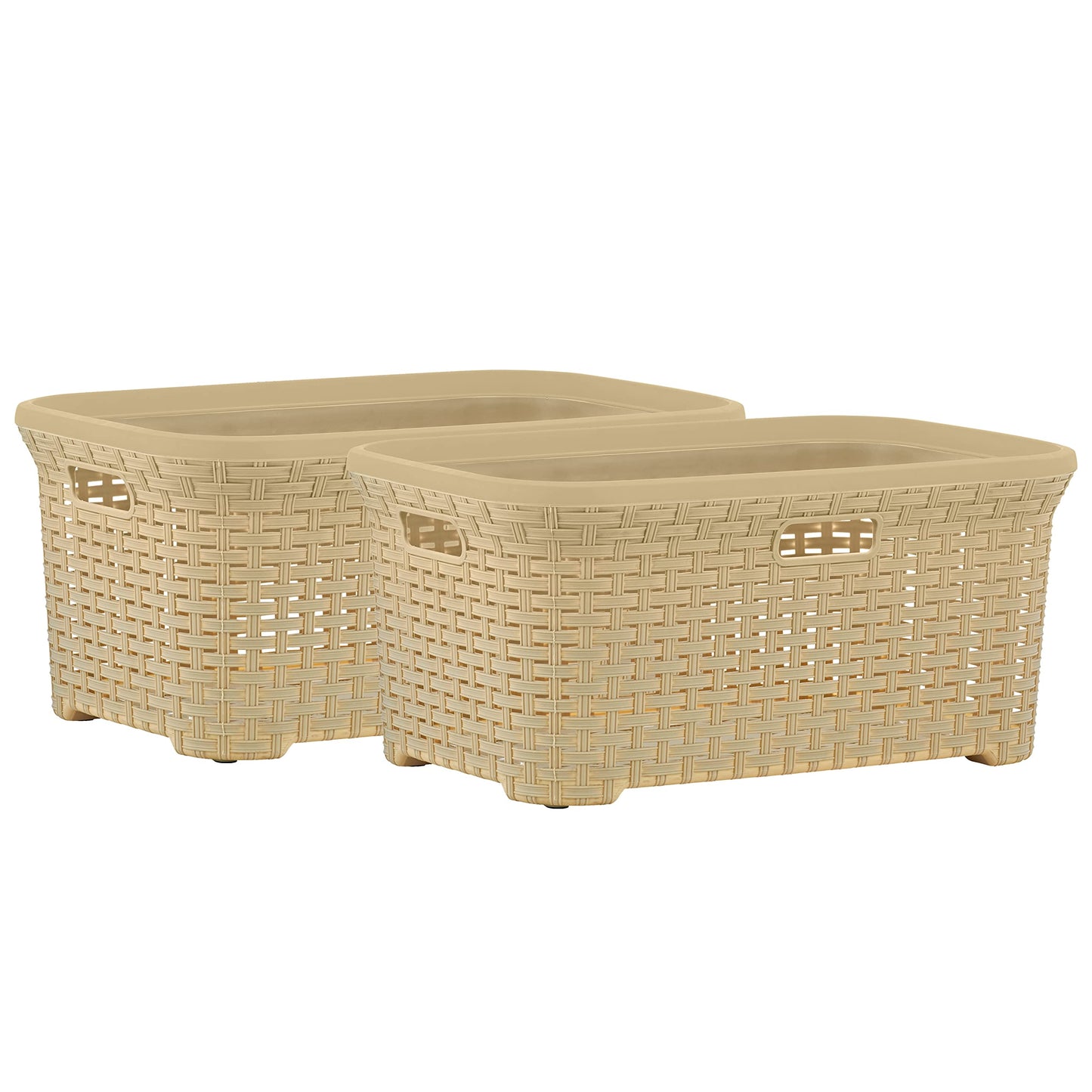 Superio Laundry Basket Plastic Storage Hamper Basket, Beige Cloths Basket Organizer with Cut-Out Handles. Space Saving for Laundry Room Bedroom Bathroom, Wicker Design 50 Liter (2 Pack)