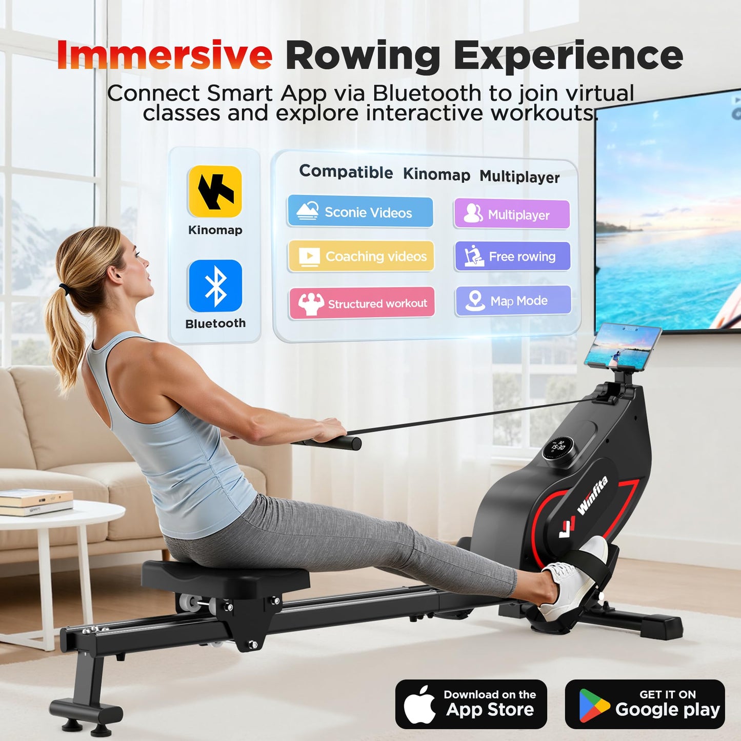 Winfita Rowing Machines for Home Use, Compact Rower Machine with 350 LBS Capacity,32-Level Self-Powered Resistance Knob with Real-Time Data Tracking, Dual Rail, Ergonomic Seat, App Support