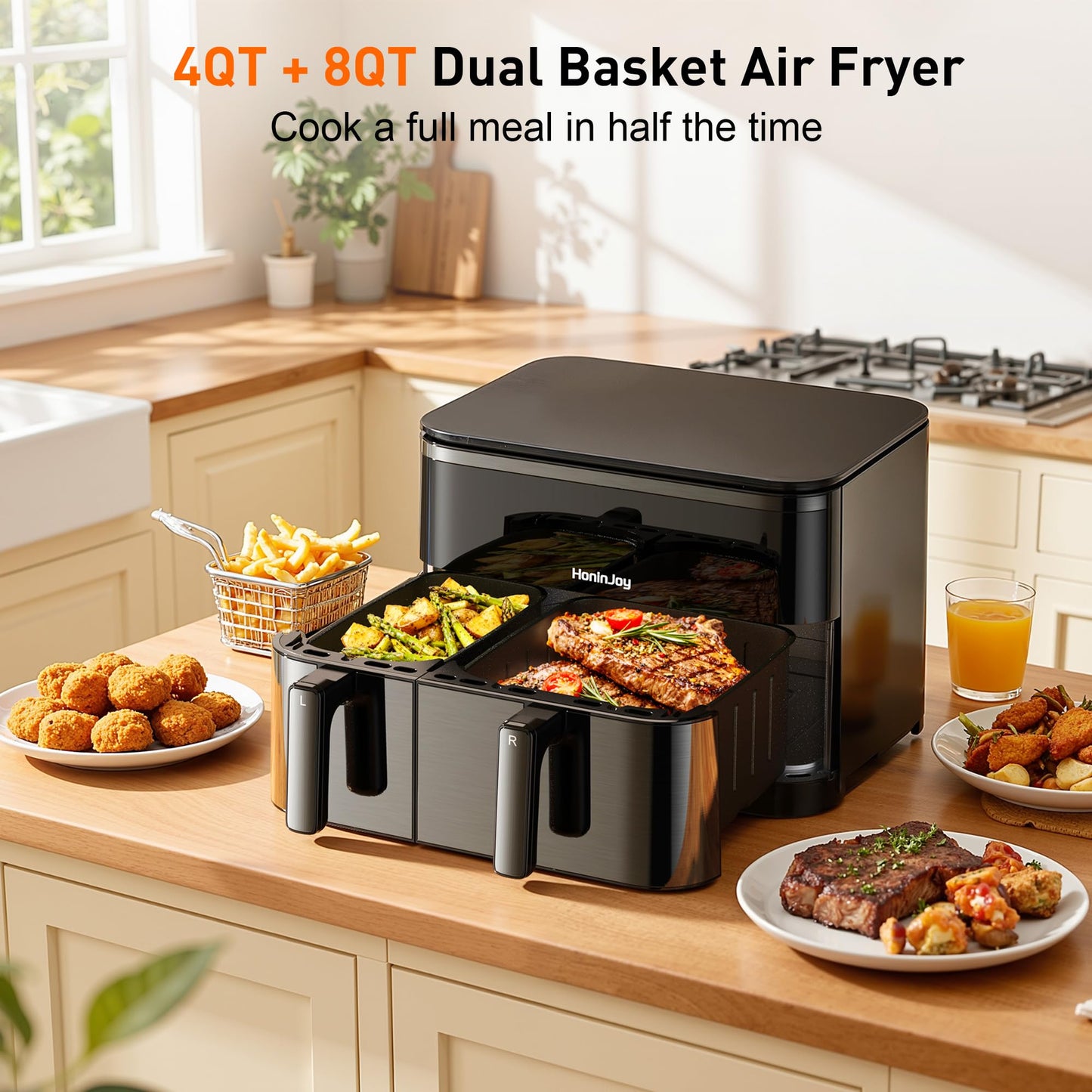 HoninJoy 12QT Large Air Fryer with Dual Basket (4QT+8QT), 13-in-1 Digital Touchscreen Double Zone Air Fryers with 50pcs Paper Liners, Sync & Dual, for Bake, Roast, Shake Reminder, Dishwasher Safe