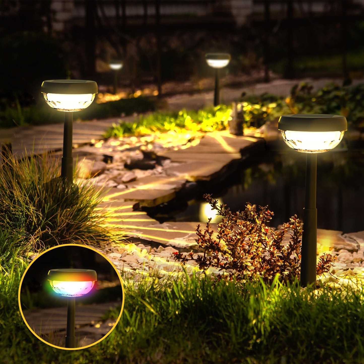 Ensenior Solar Garden Lights, 3000K White & RGB, Waterproof, Energy-Efficient, Pack of 8, Model CP4-12CM-30K-08-BL-RGB