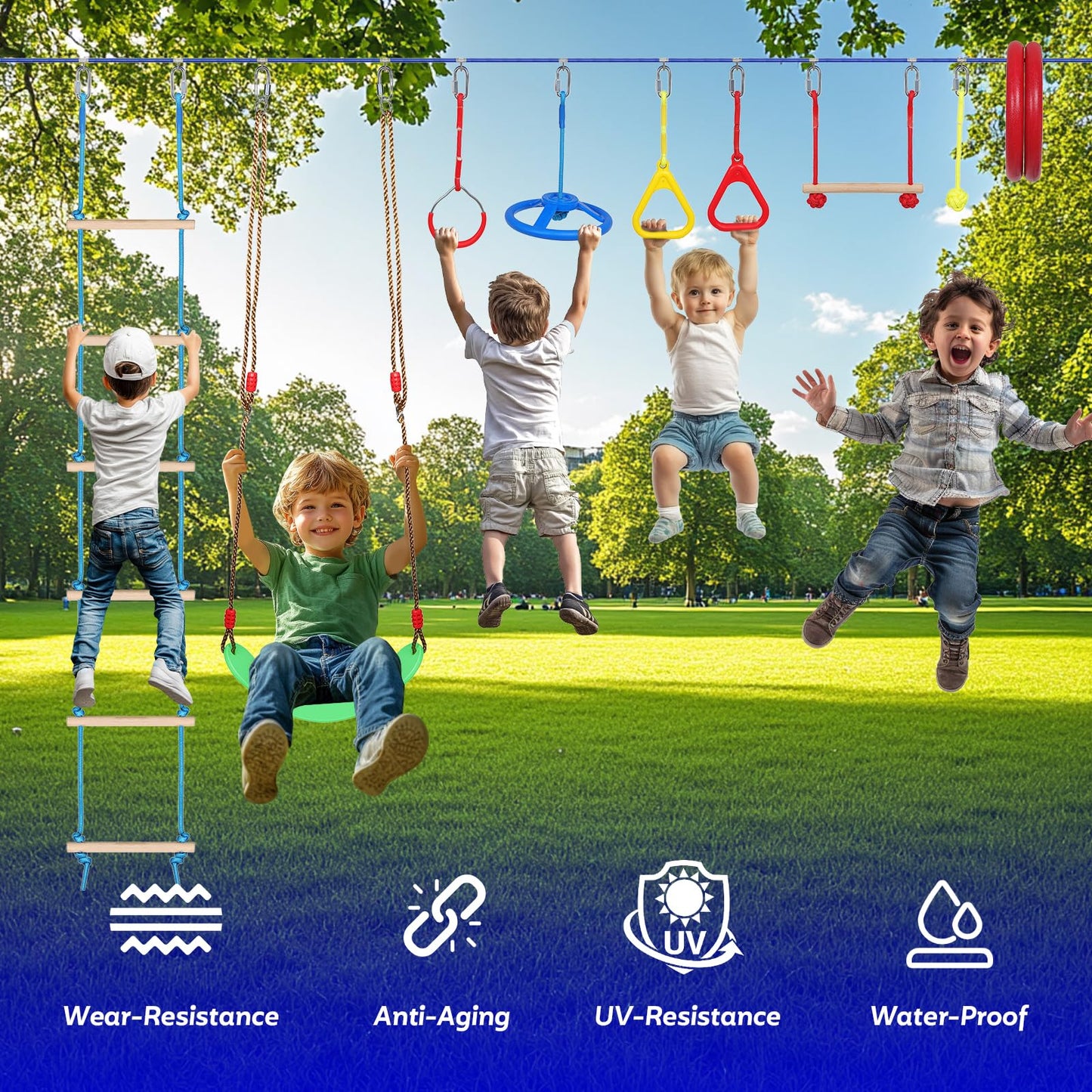 Dollate Ninja Warrior Obstacle Course for Kids - 65 FT, Outdoor Obstacle Course 13 Accessories, Swings, Monkey Bars, Arm Trainers - Suitable for Boys and Girls 3+ - 440 lbs Capacity